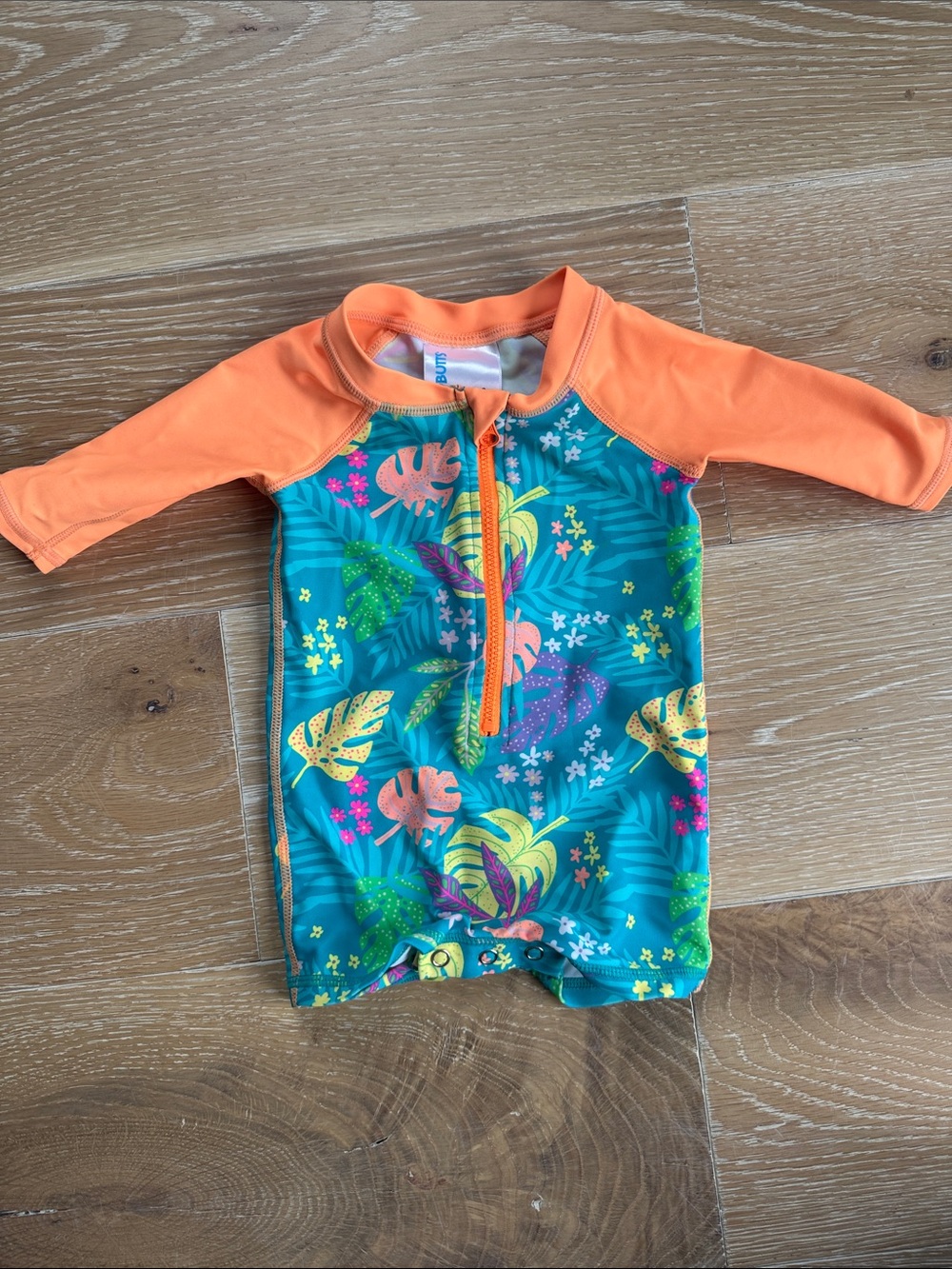Tropical Leaf One-Piece Rash Guard Swimsuit - Orange/Teal